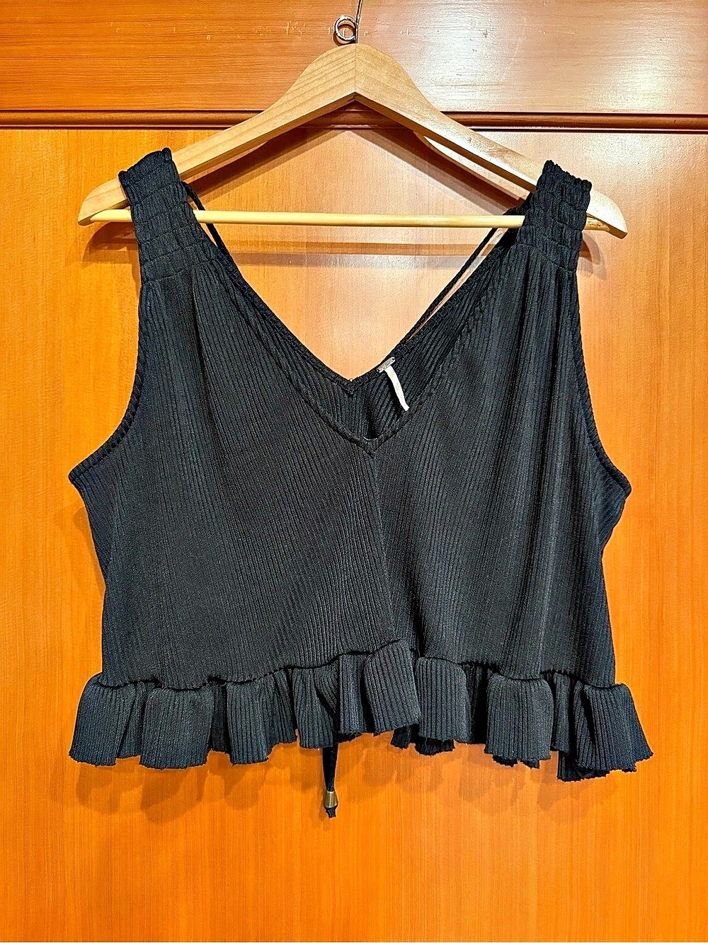 Free People Boxy Black Ruffle Hem Crop Top